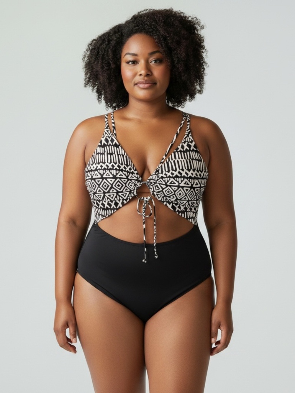 Black & White Cutout One-Piece Swimsuit with Geometric Print NWT Size 16